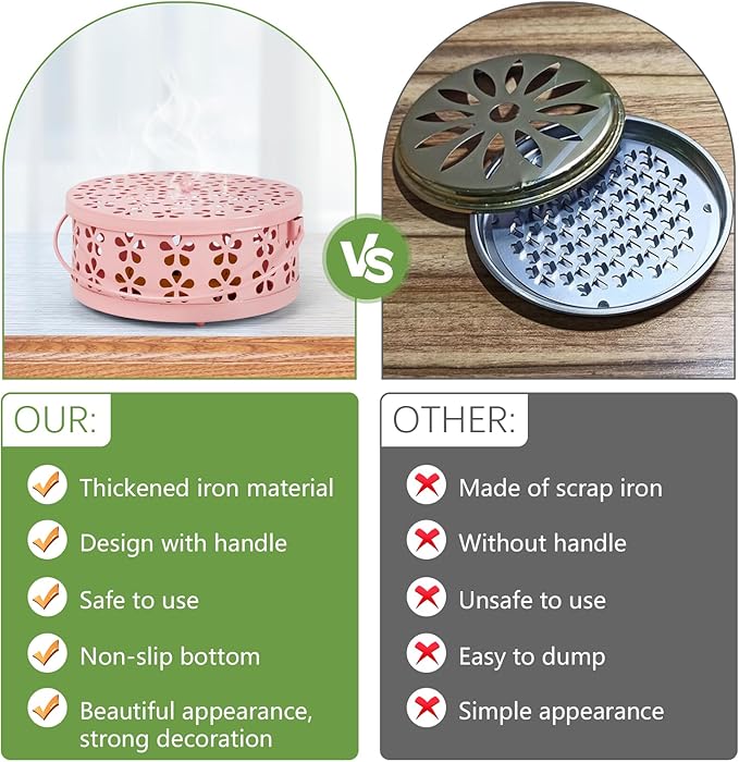 Portable Iron Mosquito Coil Holder with Handle Round Heat-Resistant Incense Holder (Pink)