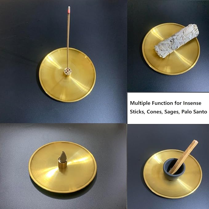 Multiple Function Incense Burner for Burning Palo Santo,Sage, Handcrafted Moon Surface Concrete Burner,Brass Incense Sticks & Cones Holder Steel Ash Catcher Yoga Meditation Gift Home Decor