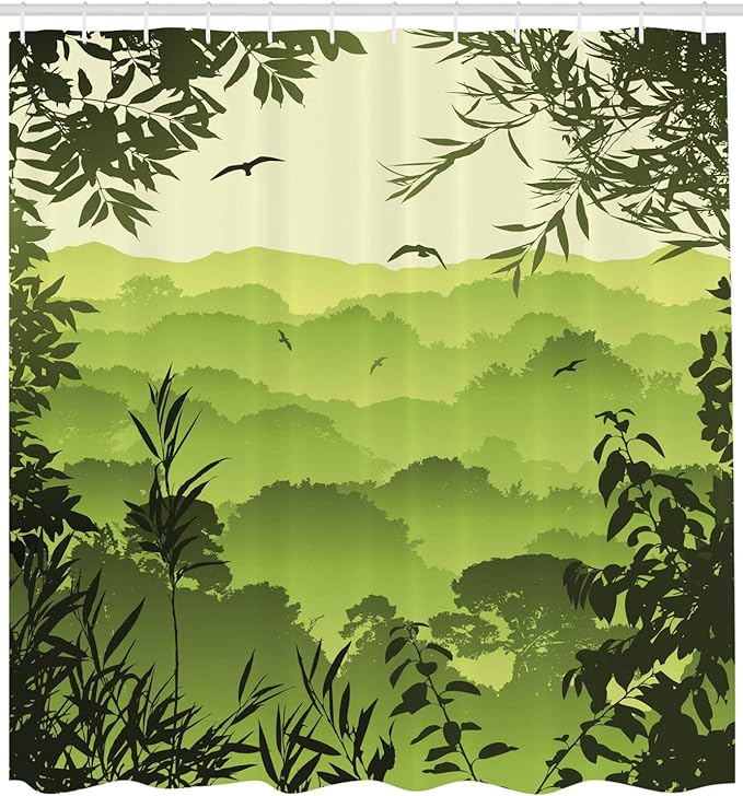 Ambesonne Forest Shower Curtain, Forest Scenery with Tea Trees and Gulls in The Jungle Birds Branches Eco Graphic Work, Cloth Fabric Bathroom Decor Set with Hooks, 69" W x 70" L, Light Green