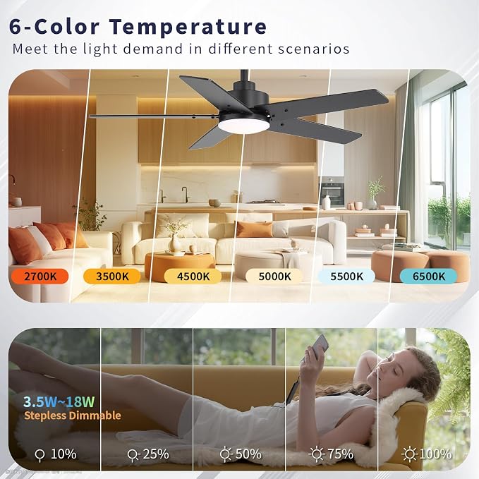 42 Inch Ceiling Fans with Lights and Remote for Bedroom Living Room Kitchen Home Office Indoor/Outdoor, 6CCT Dimmable, Dual Color 5 Blades, 6 Speed Reversible Quiet DC Motor, Black/Wood Grain