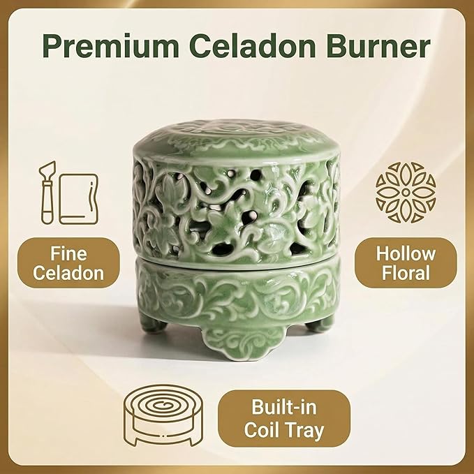 Mini Ceramic Incense Burner - Chinese Classic Plum Green Celadon Glaze, Fragrance Cone & Stick Holder Palo Santo/Sage/Herb Burner for Meditation, Yoga, Desk Decor, Zen Relaxation Gift (Cloud-A)