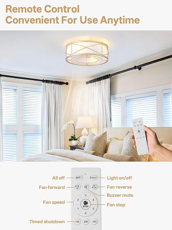 Gold Flush Mount Boho Ceiling Fan with Lights, 20" Caged Rattan Ceiling Fans with Light and Remote, Enclosed with 6 Speeds for Living Room, Bedroom, Nursery