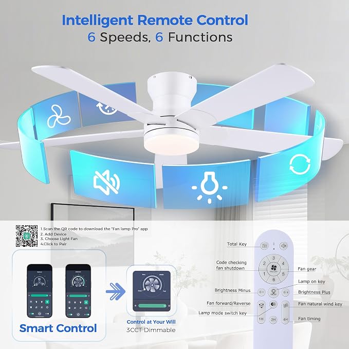 Ayaoty 52" White Ceiling Fans with Lights and Remote/APP - Flush Mount Low Profile Ceiling Fan with 5 Reversible Dual-Sided Blades, Dimmable, 1/2/4H Timer, Modern Indoor Fan Light for Kitchen, Bedroom