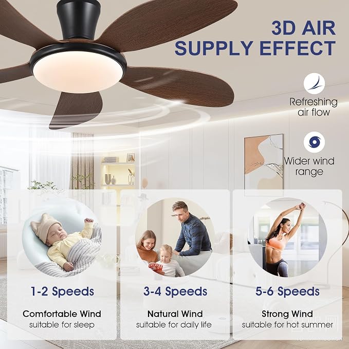 48"Brown Low Profile Flush Mount Ceiling Fans with Lights and Remote/APP | Supports Remote and APP, 6 Wind Speeds, Reversible, Dimmable 3 CCT LED, 30WNoiseless DC Motor,Timer, for Bedroom Kitchen