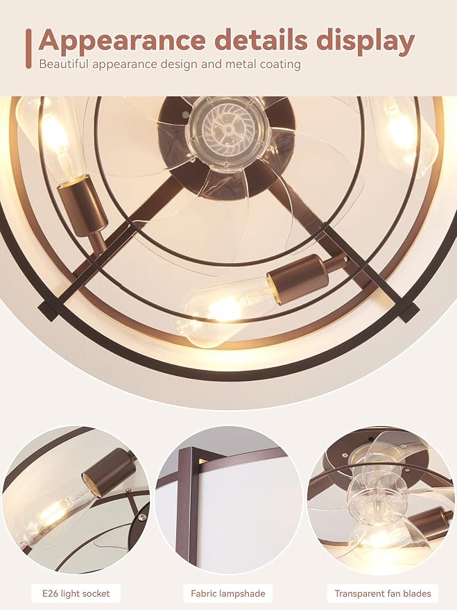 20" Brown Fandelier Ceiling Fans with Lights, Boho Rattan Ceiling Fan with Light Remote Control, Caged Mid-Century Modern with 6 Speeds for Bedroom, Nursery, Living Room
