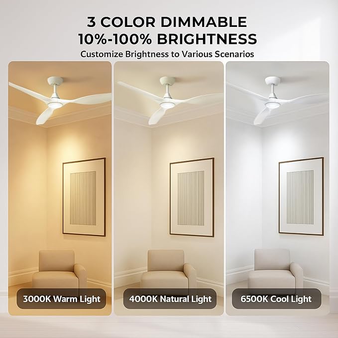 Roomratv Ceiling Fans with Lights and Remote Control,Quiet Noiseless Reversible DC Motor,6 Speeds,Timers, 3 CCT, Indoor Use, Plastic Blades,52 Inch White Ceiling Fan Smart APP Control for Living Room