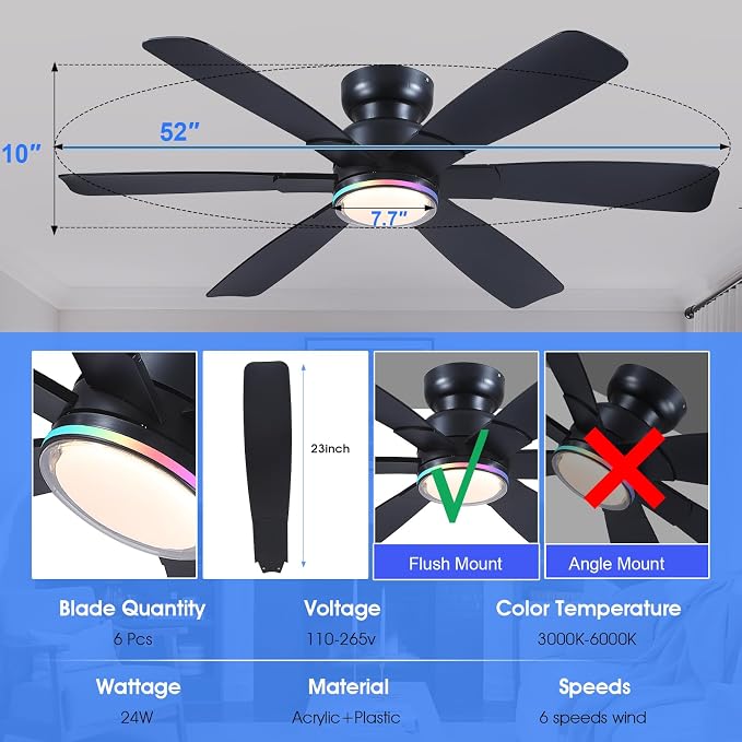 Kviflon 52" Modern Ceiling Fans with RGB Lights Remote/APP Control, Low Profile Flush Mount Ceiling Fan, 6 Reversible Plastic Blades 6 Speeds, RGB + 3 CCT Dimmable Lights for Bedroom Kidsroom, Black