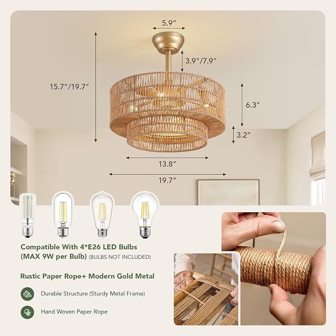 20" Boho Ceiling Fan Light and Remote, Rattan Ceiling Fan light Caged Fandelier with Lights Flush Mount, 6 Wind Speeds Enclosed Ceiling Fan for Bedroom, Living Room, Dining Room