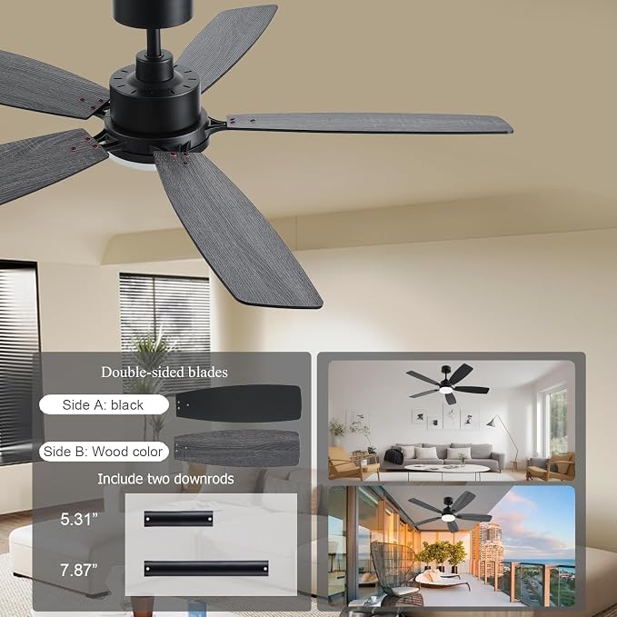 NKPU 52 Inch Ceiling Fans with Lights, Black Ceiling Fan and Remote/App Control, 2 Downrods, DC Reversible, Noiseless, Dimmable, 5 Dual-Sided Blades Modern Ceiling Fan for Indoor/Outdoor Use
