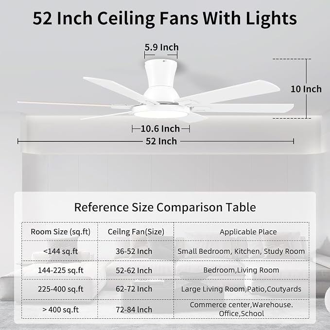 52 Inch White Ceiling Fans with Lights and Remote,Flush Mount Low Profile 6 Blades Ceiling Fan with 10 Inch Lighting Fixture,Quiet Reversible DC Motor for Living Room,Bedroom and Patio