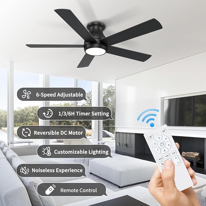 POCHFAN 52 Inch Black Ceiling Fans with Lights and Remote, LED Low Profile Flush Mount Ceiling Fan for Bedroom, Living Room, with Quiet DC Motor, Dimmable 6 Speeds