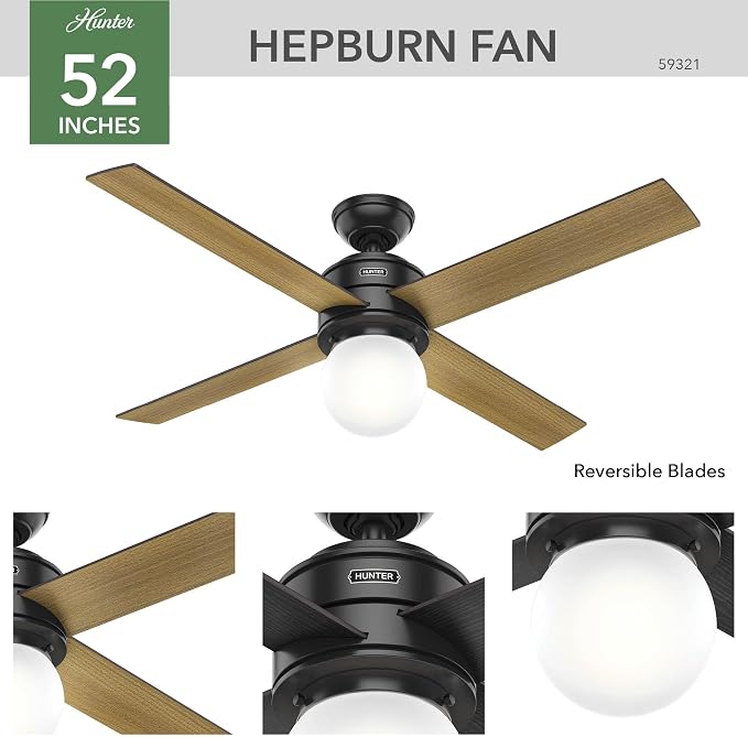 Hunter Hepburn, Indoor, Ceiling Fan, with LED Light, 52 inch, Matte Black