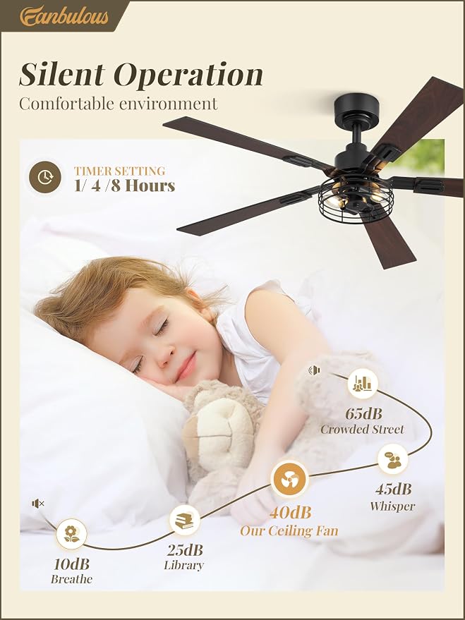 Fanbulous 48 Inch Farmhouse Ceiling Fan with Light and Remote, Rustic Caged Ceiling Fans with 3 Timers, Quiet DC Motor, 5 Dual-Finish Blade for Bedroom Kitchen Small Living Room, Black, 2-Pack