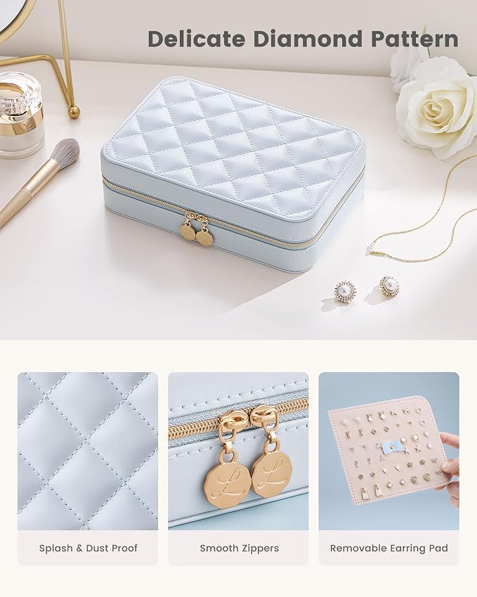 Lolalet Travel Jewelry Case for Women Girls, PU Leather Jewelry Organizer with Clear Storage Bag Small Portable Jewelry Box for Necklace Bracelet Earring Ring Birthday Bridesmaid Gifts -Large/Blue