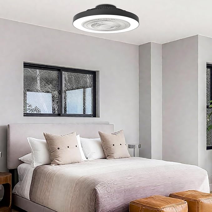 Depuley Modern Ceiling Fan with Light: 19" Flush Mount Low Profile LED Ceiling Fans with Remote & Smart APP Control - Black Bladeless Fandelier Dimmable Quiet DC Motor for Bedroom Kids Room 6 Speeds