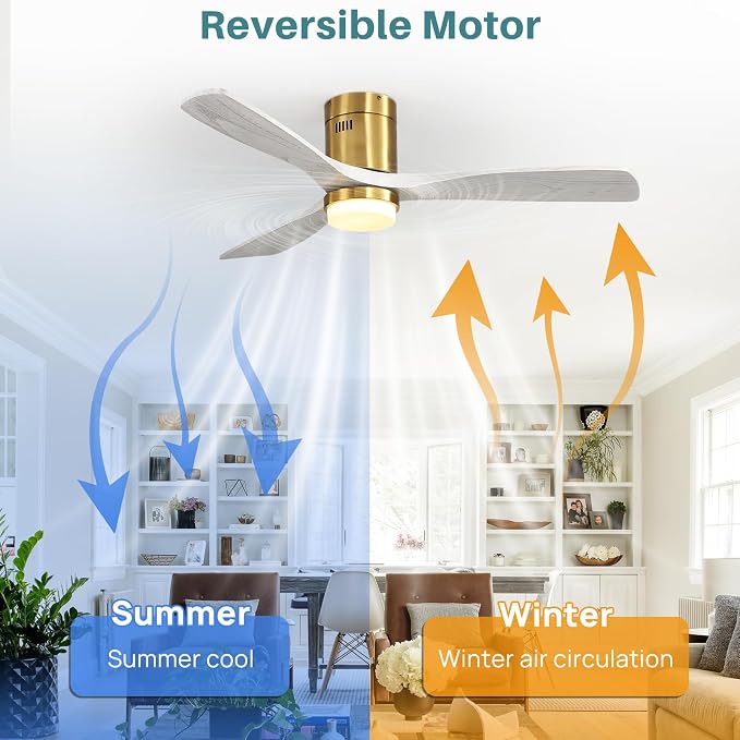 Sofucor Ceiling Fan with Lights-52 Inch Flush Mount Ceiling Fan with Light and Remote Control, Low Profile Wood Blades Modern Outdoor Ceiling Fans for Bedroom/Farmhouse/Patio/Indoor, Quiet DC Motor