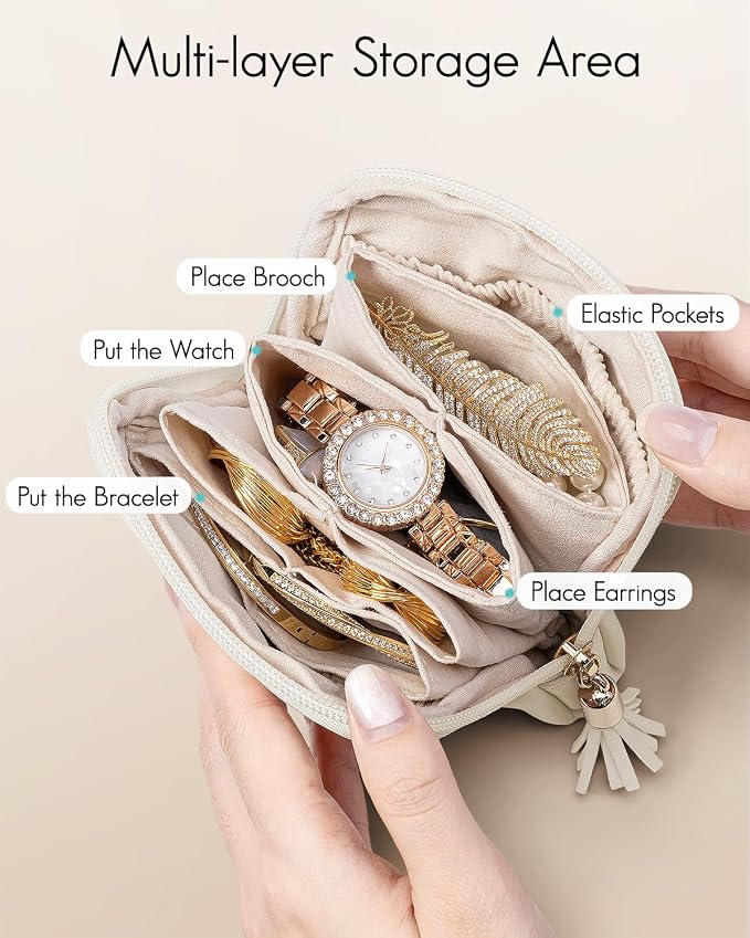 VLANDO Small Travel Jewelry Case,Gifts for Women,Jewelry Pouch Bags with Zipper,Velvet Jewelry Organizer Storage Bag for Bracelet Rings Earring-Cream White