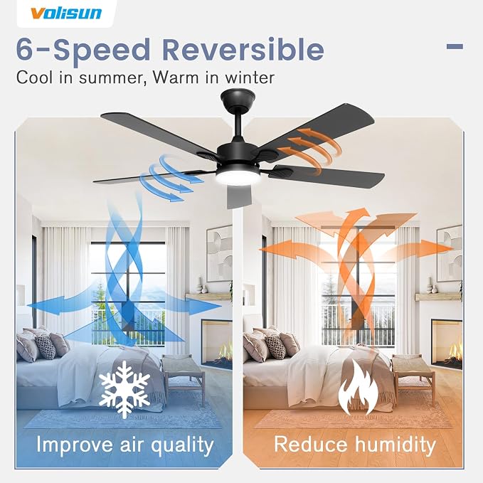 VOLISUN Ceiling Fan with Light, 52 inch Flush Mount Ceiling Fan with Lights and Remote, Dimmable LED Fan Light, Low Profile Ceiling Fan, Black Modern Ceiling Fan for Bedroom, Indoor/Outdoor