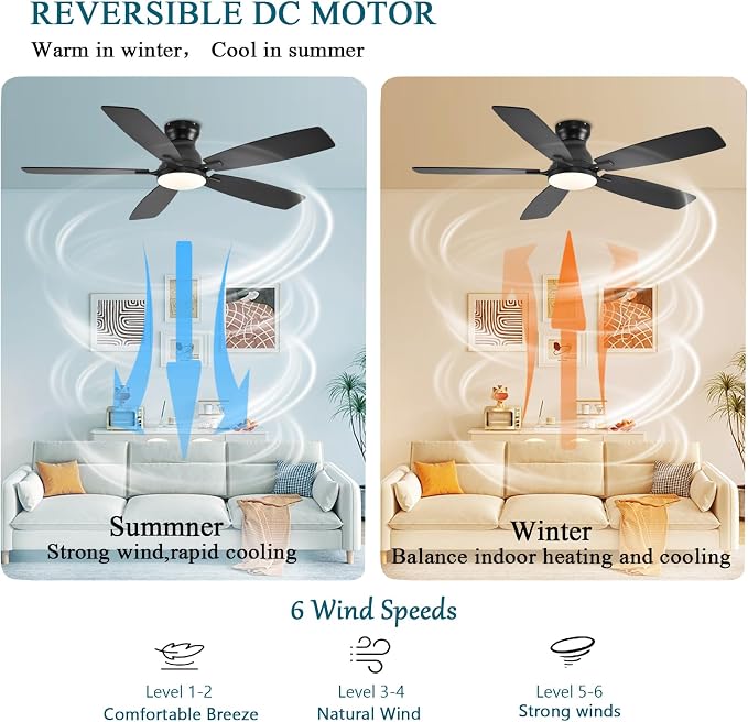 JSAITEE Ceiling Fans with Lights, 52 Inch Low Profile Ceiling Fan with Light and Remote Control, Flush Mount, DC Reversible Motor, Noiseless, Black 6 Speeds Ceiling Fan for Bedroom