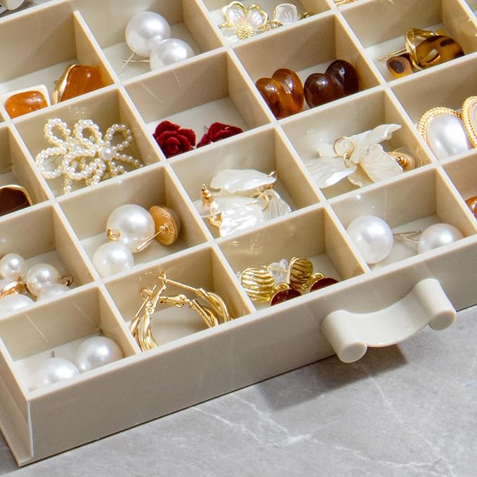 YUFONG Earring Storage Box Organizer, Acrylic Jewelry Storage Box Holder 5 Drawers Transparent Jewelry Display Stand with 120 Small Compartments Gift Boxes for Women Girls (Beige)