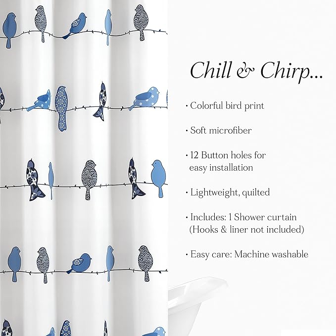 Lush Decor Rowley Birds Shower Curtain, 72” W x 72” L, Navy - Colorful Floral Bird Pattern - Whimsical & Playful Bird Shower Curtain - Farmhouse, Coastal, & Boho Bathroom Decor