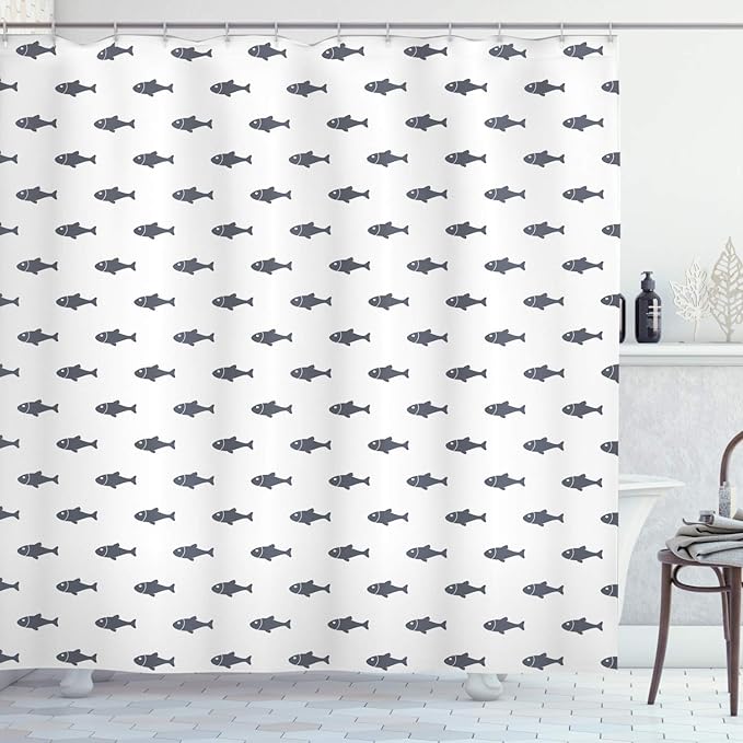 Ambesonne Ocean Shower Curtain, Hand Drawn Sketchy Sealife Schoal of Fish Whales Dolphins Artwork, Cloth Fabric Bathroom Decor Set with Hooks, 69" W x 70" L, Charcoal White
