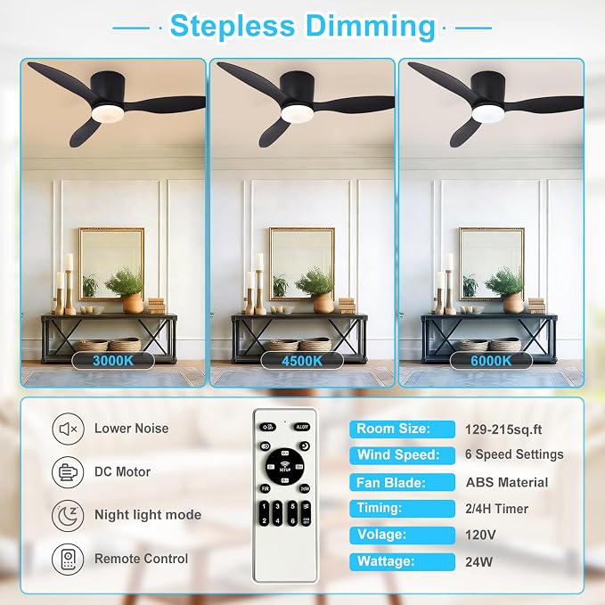 Depuley Flush Mount Ceiling Fan: 42-Inch Black Ceiling Fans with Lights for Bedroom Indoor Outdoor - Low Profile Ceiling Fans with Remote Control 24W 3CCT Dimmable 3 Reversible Black Blades 6 Speeds