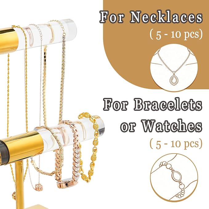 Display Stand Acrylic Jewelry Towers - Stainless Steel Long Necklaces Stand 2-Tier Crystal Tabletop Jewelry Organizer Home Decor for Store Boutique Vendors