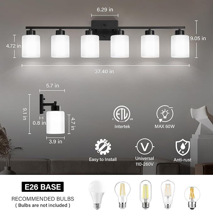 FonmYim Black Bathroom Light Fixtures, 6-Light Modern Vanity Light Over Mirror, Wall Sconces with Milky White Frosted Glass Shades, E26 Socket (Bulbs Not Included)