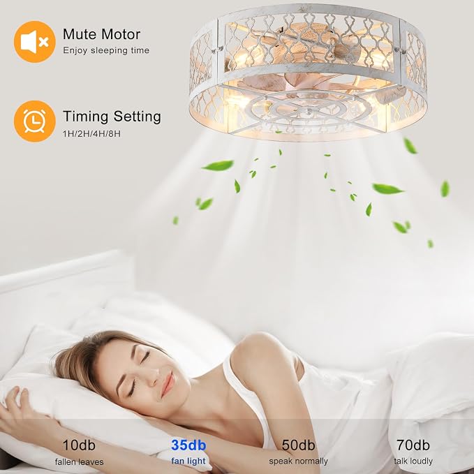 Garwarm Caged Ceiling Fan with Light,20" Flush Mount Ceiling Fan with Remote,Bladeless Low Profile Fandelier Small Ceiling Fans with Lights for Bedroom,Dining Room