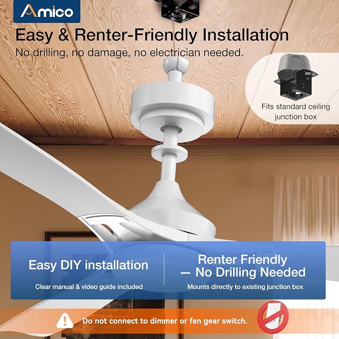 Amico 52 Inch Ceiling Fan with Lights, Modern White 3-Blade Ceiling Fan with Remote Control, Dimmable LED, 3CCT, Quiet Reversible Motor, Indoor/Outdoor for Patio, Living Room, Bedroom, Kitchen