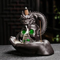 Skull Dragon Incense Burner Holder - Backflow Waterfall Cone Incense Holder, LED Ceramic Unique Skeleton Incense Burner with 15 Incense Cones for Halloween/Aromatherapy/Yoga/Home/Office Deco