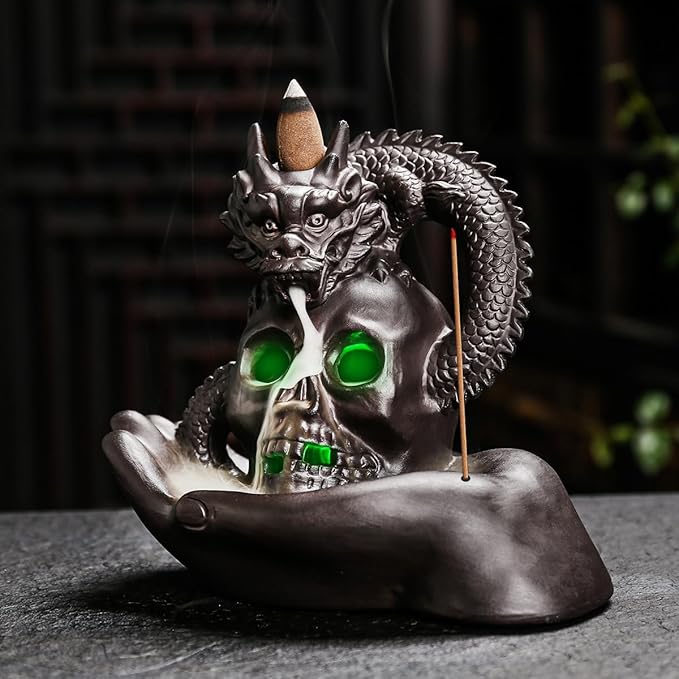 Skull Dragon Incense Burner Holder - Backflow Waterfall Cone Incense Holder, LED Ceramic Unique Skeleton Incense Burner with 15 Incense Cones for Halloween/Aromatherapy/Yoga/Home/Office Deco