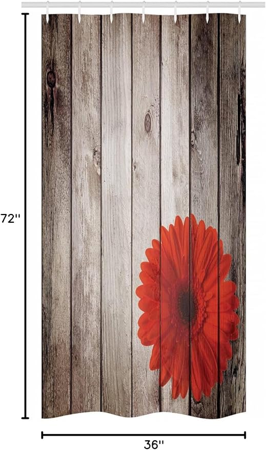 Ambesonne Rustic Stall Shower Curtain, Flower Red Dahlia on Foreground of Murky Featured Dated Wooden Board Retro Art Print, Fabric Bathroom Decor Set with Hooks, 36" W x 72" L, Brown