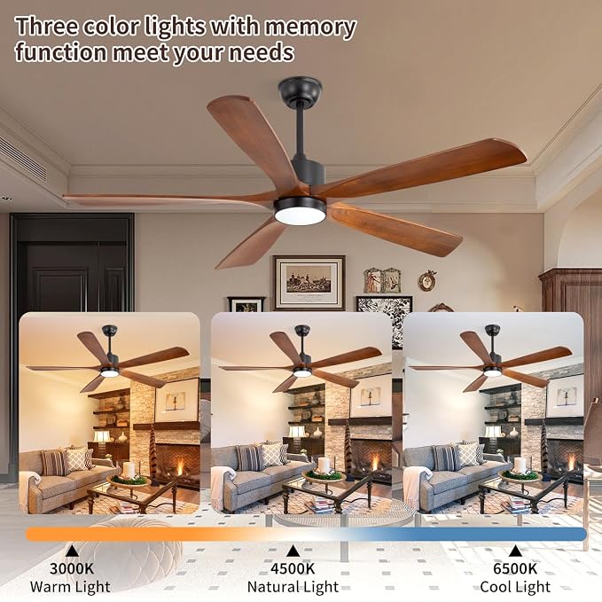 60 Inch DC Ceiling Fan Light 5 Walnut Blades UL Damp Rated | 5 walnut blades, dimmable 3000K-6500K LED, 6-speed reversible remote, UL damp rated for indoor outdoor farmhouse