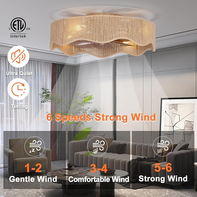 SHLUCE 22" Boho Flush Mount Caged Ceiling Fans with Lights, Rustic Rattan Low Profile Ceiling Fans with Lights and Remote, Bladeless Fandelier Ceiling Fan with Light for Kitchen, Bedroom - ETL