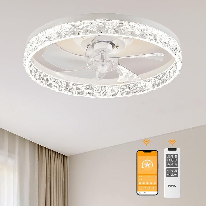 DAMINY Ceiling Fans with Lights and Remote, 6CCT,Dimmable Low Profile Ceiling Fan with Light, Flush Mount Bladeless Ceiling Fan,6 Speeds,20 inch White Modern
