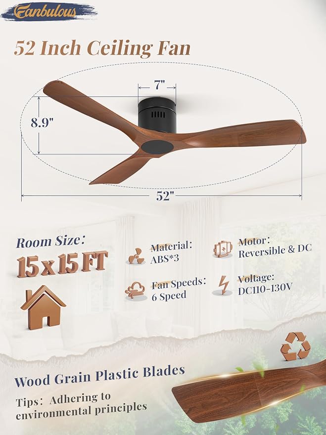 Fanbulous 52" Ceiling Fans Without Lights, Flush Mount Ceiling Fan with Remote Control Modern,Low Profile Ceiling Fans with 6-Speeds Reversible DC Motor for Patio Living Room Bedroom(Walnut)