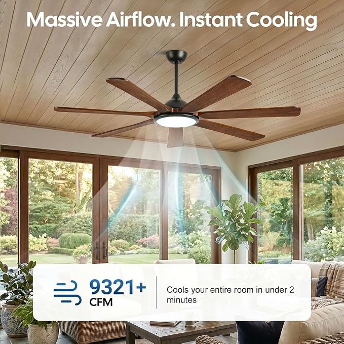 60 inch Ceiling Fan with Light, Farmhouse Rustic 7 Solid Wood Blades, Indoor Outdoor Fan Work with Alexa/Gg Voice Control/App/Remote, Ultra Quiet DC Motor, ETL Listed 9321 CFM High Airflow