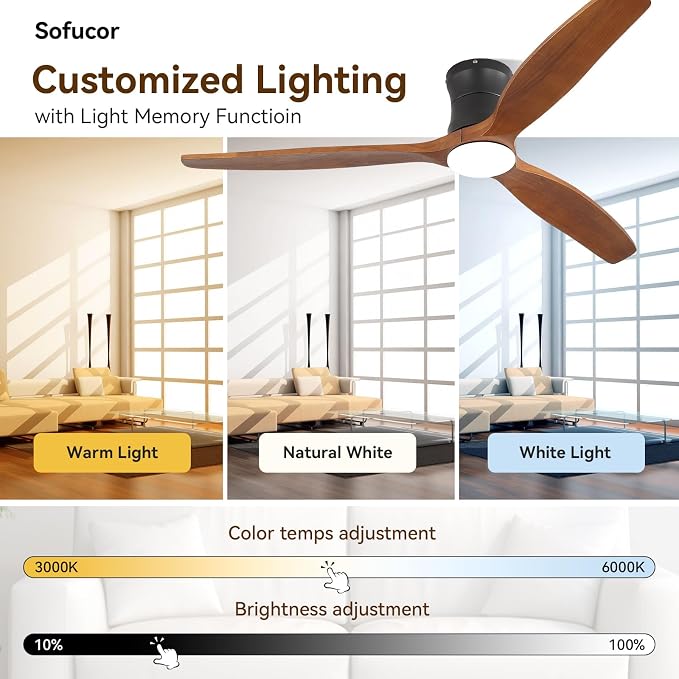 Sofucor 52" Smart Ceiling Fan, Solid Wood Ceiling Fan with Lights and Remote, Flush Mount Ceiling Fan Works with Alexa/Google/App, Dimmable 6-Speed Timing Reversible DC Motor for Bedroom Living Room