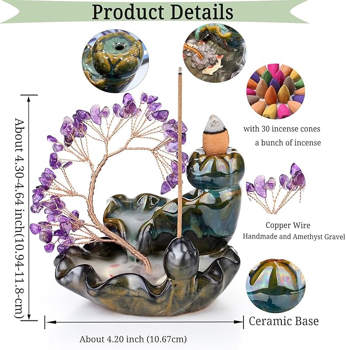 DUQGUHO Incense Holder Ceramic Backflow Incense Waterfall Burner Amethyst Crystal Tree with 30 Burner Incense Cones for Room Home Zen Decor Meditation