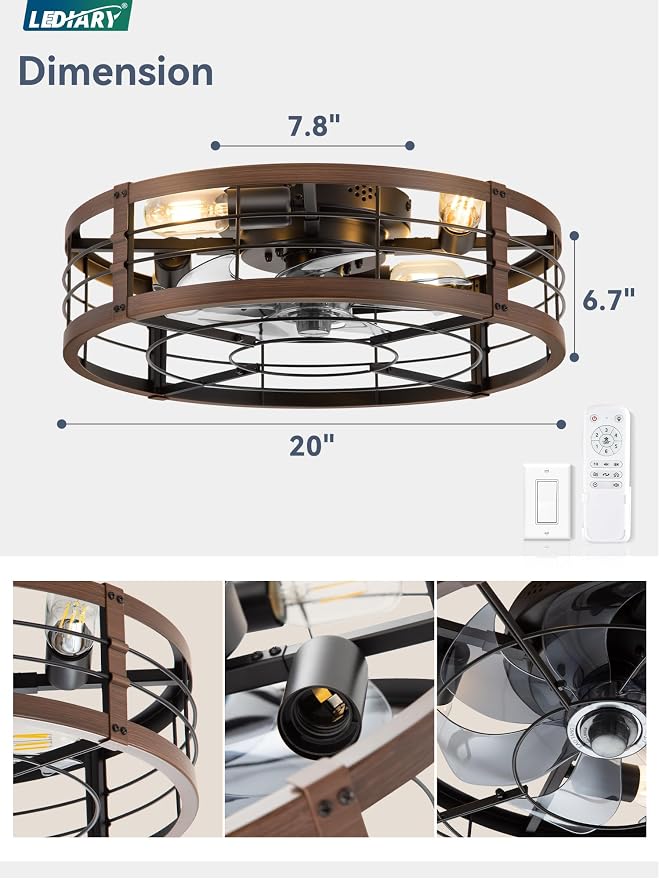 LEDIARY 20" Caged Ceiling Fan with Light and Remote, Low Profile Flush Mount Fandelier, Walnut Bladeless Enclosed Small Fan Lights Ceiling Fixtures, Rustic Farmhouse Style for Bedroom, Outdoor