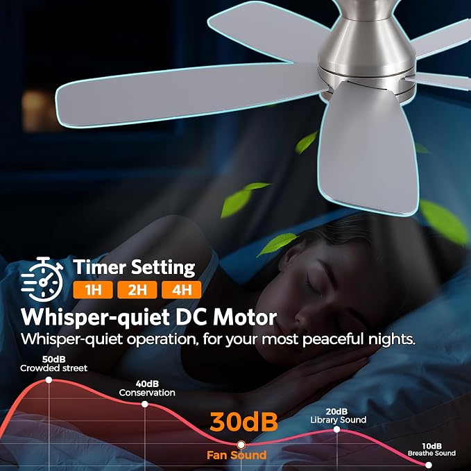 JSAITEE Flush Mount Low Profile Ceiling Fan, 48in Modern Ceiling Fan with Remote, 1/2/4 Timer, 5 Blades Reversible, 3CCT LED Dimming, Indoor Fan for Bedroom, Kitchen - Nickel