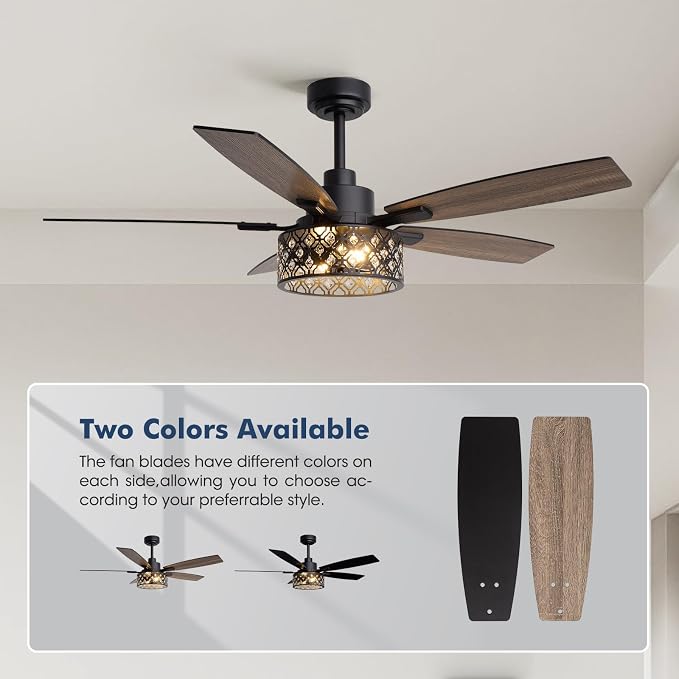 52 Inch Farmhouse Ceiling Fan with Lights and Remote, 5 Blades Double-color Finish, Quiet & Reversible DC Motor, Crystal Caged Ceiling Fan for Bedroom Living Room Kitchen Outdoor Covered Patio