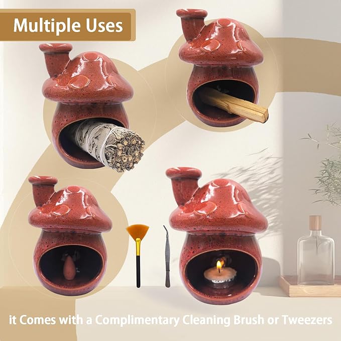 Palo Santo Holder and Sage Burner,Ceramic Mushroom Incense Cone Burner,Mini Chiminea Sage Ash Catcher, Smudge Bowl for Yoga Meditation Home Decor,Speckled Red
