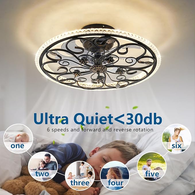 Dalouguan Black Flower Caged Ceiling Fan with Light, Rustic Industrial Ceiling Fan with Lights and Remote, LED Low Profile Ceiling Fan with Light for Bedroom Kitchen Living Room