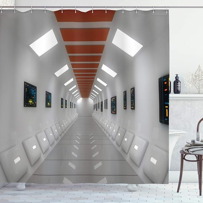 Ambesonne Futuristic Shower Curtain, Space Station UFO Futuristic Hallway with High Technology Laboratory Photo Artwork, Cloth Fabric Bathroom Decor Set with Hooks, 69" W x 75" L, White
