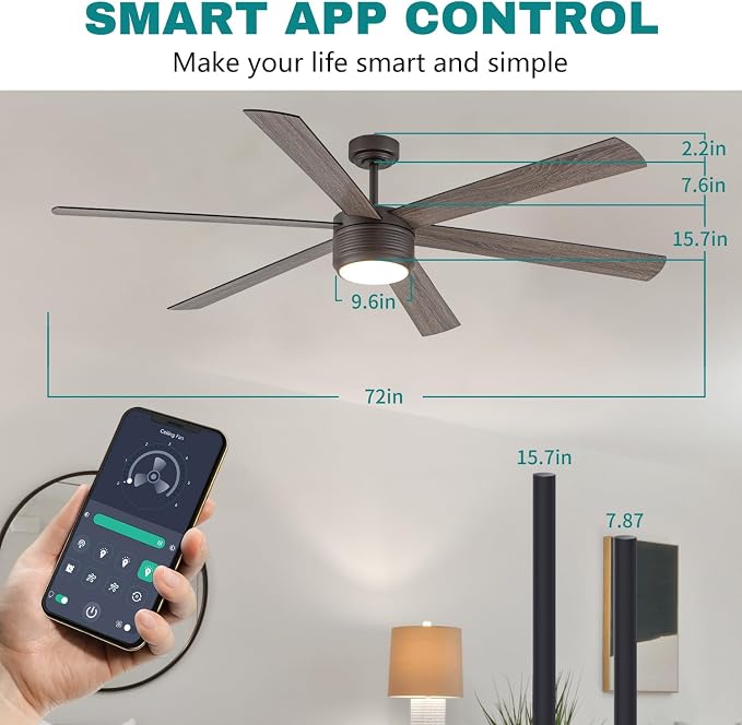 SHOWDI Brown Ceiling Fans with Lights and Remote, Quick Installation, 72 in | 2 Blade Color, Metal Material, App Remote Control, Timer, Reversible, 3CCT, Dimmable for Bedroom, Living room, Indoor