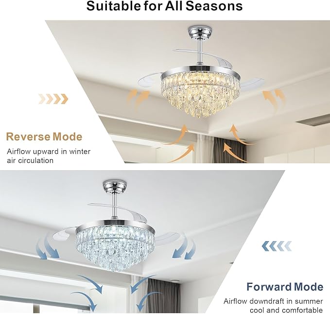 48 Inch Chandelier Ceiling Fan with Lights, Retractable Fan with Remote and APP, Crystal Fandelier Ceiling Fan, Dimmable LED, Reversible Motor, Quiet for Bedroom Living Room-Chrome