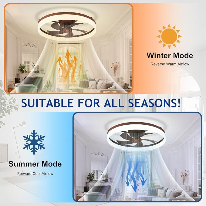 DLLT Bladeless Ceiling Fans with Lights: 24 Inch Modern Flush Mount Low Profile Ceiling Fan with APP Remote Control - Walnut Enclosed LED Fandelier Dimmable Quiet DC Motor for Bedroom Living Room